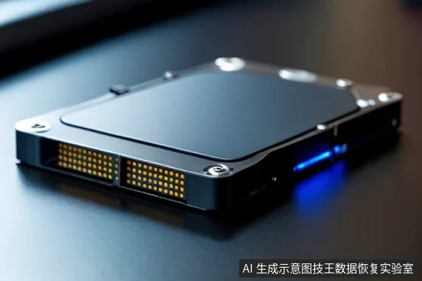 深色桌面上平放一块黑色硬盘，接口处可见金色触点，侧面亮着蓝色指示灯，右下角有固定标识。