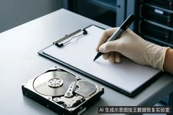 一只戴着白色防护手套的手正持黑色记号笔在写字板上记录信息,前景台面上放置着一块已打开外壳的机械硬盘,背景可见服务器机柜。画面展示了专业人员对故障硬盘进行外观状态及特征记录的检测场景。