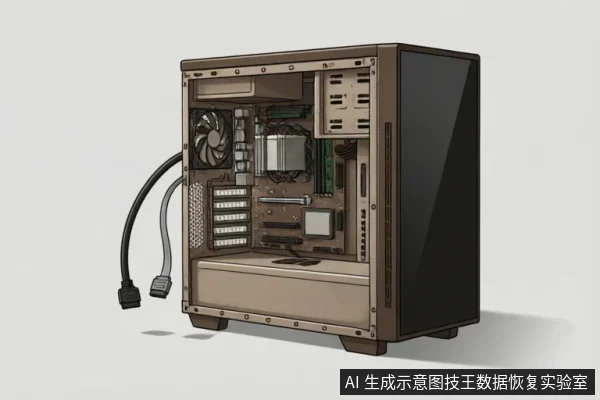 画面展示了一台侧板已移除的台式电脑主机内部结构，清晰可见主板、散热器及扩展槽。机箱左侧外部悬垂着两根黑色的数据与供电连接线，直观呈现了硬盘等硬件的物理接口连接状态。