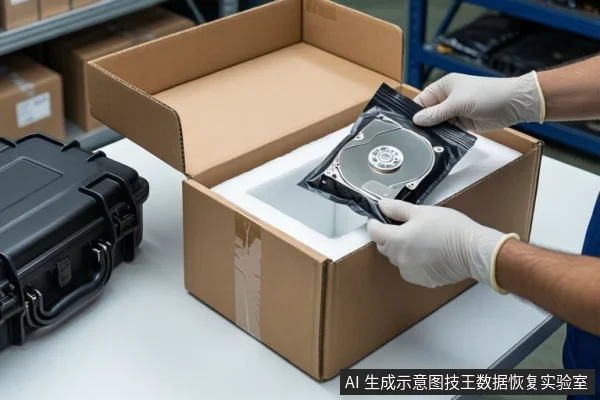 白色桌面上,一双戴白色手套的手正将一块装在黑色防静电袋中的机械硬盘放入装有白色泡沫的纸箱中。左侧放置一个黑色防震箱,背景可见仓库货架和纸箱。