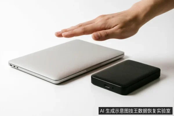 画面展示了一台闭合的银色笔记本电脑与一个黑色移动硬盘并排放在白色桌面上。一只手掌悬停在设备上方,掌心向下,呈现出制止、停止或保护的手势,示意不要进行触碰或操作。