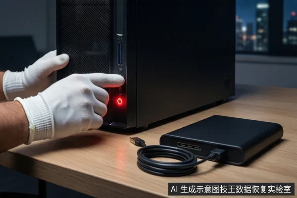 木质桌面上,左侧竖立一台黑色塔式主机,电源按钮亮红灯。前景一双戴白手套的手正在按压电源按钮。右侧平放一个黑色外接硬盘盒,连接着黑色线缆。背景为模糊的城市夜景。