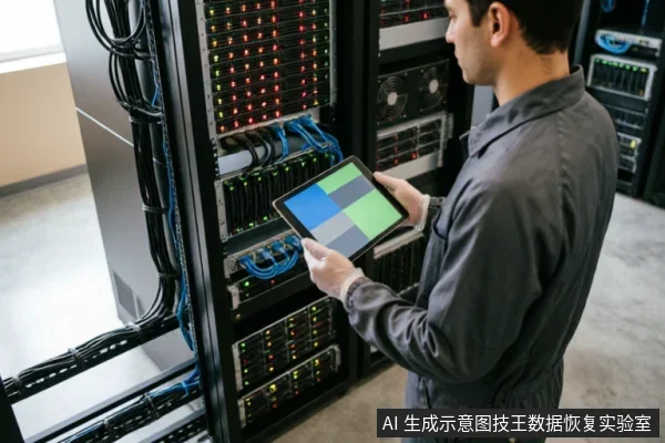 A technician in a server room holds a tablet displaying a status grid, monitoring rack-mounted servers with blinking lights and blue cables.