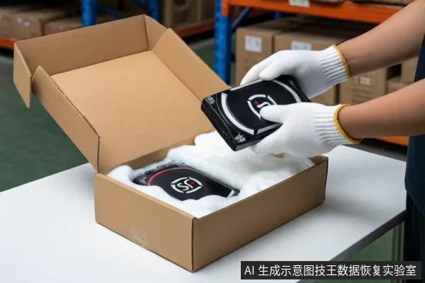 仓库环境中，白色桌面上放置一个打开的棕色纸箱，箱内白色防震泡沫中固定着一块黑色移动硬盘。一双戴白色手套的手正握持另一块黑色移动硬盘，准备放入泡沫中。背景可见货架和堆叠的纸箱。