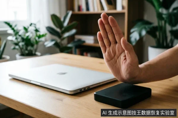 一只手掌在木质桌面上做出停止手势,挡在一台闭合的银色笔记本电脑和一个黑色外接硬盘前方,背景为模糊的书架与绿植。