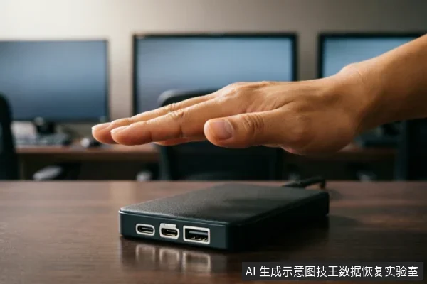 一只手掌悬停在放置于木桌上的黑色移动硬盘上方，做出停止或拒绝的手势。背景为模糊的电脑显示器，示意在硬盘故障时保持断电、避免操作以保护数据。