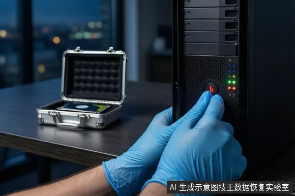 深色桌面上，戴蓝色手套的双手正按压黑色塔式主机正面的红色电源按钮，右侧为打开的银色金属防震箱，箱内平放一块机械硬盘，背景为模糊的城市夜景。