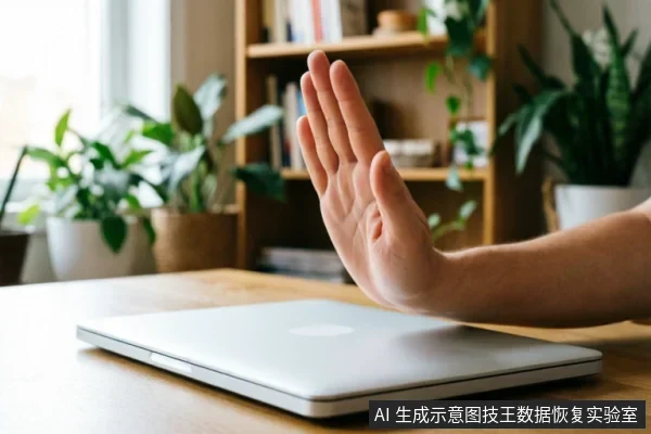 一只手掌在闭合的银色笔记本电脑前做出明确的停止手势,示意拒绝操作。背景为带有绿植和书架的办公环境,画面聚焦于手部动作与设备,传达出暂停或禁止继续操作的视觉信号。