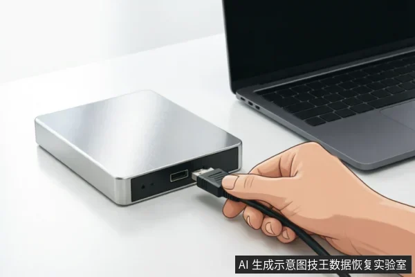 一只卡通风格的手正将黑色数据线插入银色金属外壳的移动硬盘接口中，背景可见部分笔记本电脑键盘。画面清晰展示了外部存储设备与电脑的连接动作，无多余文字或乱码。