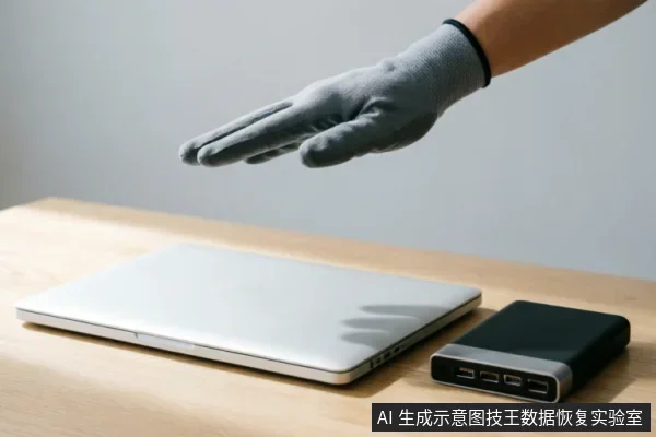 一只戴着灰色防静电手套的手悬停在闭合的银色笔记本电脑上方,旁边放置着一个黑色的多口USB扩展坞或移动硬盘盒。画面展示了在木质桌面上对电脑及外部存储设备进行专业操作或检查的场景。