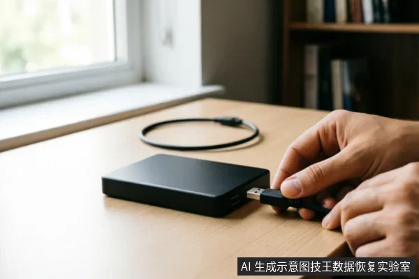 特写镜头展示了一双男性的手正在将黑色USB数据线插入放置在木质桌面上的黑色移动硬盘接口。背景中有卷曲的线缆和书架,光线自然,清晰呈现了外部存储设备的连接操作细节。