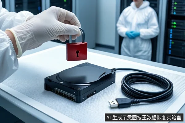 洁净室白色桌面上,前景平放一块闭合的黑色机械硬盘,右侧盘绕着一根黑色USB数据线。左侧一双戴白手套的手持一把红色挂锁悬停在硬盘上方。背景中一名穿无尘服的技术人员站在服务器机柜旁。