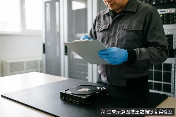 画面展示了一位身穿深色工装、佩戴蓝色防静电手套的技术人员,正手持写字板核对信息。他面前的黑色防静电垫上放置着一块裸露的机械硬盘,背景为服务器机柜环境,体现了专业硬件诊断与数据保护场景。