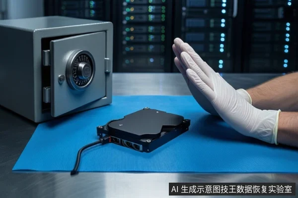 蓝色防静电垫上平放一块裸露机械硬盘,左侧是一个打开的灰色金属保险柜,右侧一只戴白色手套的手掌心朝外做出停止手势,背景为模糊的服务器机柜。