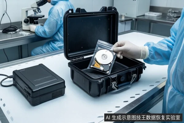 洁净室白色桌面上,前景黑色防震箱打开,箱内固定一块机械硬盘。右侧一双戴白手套的手持透明防静电袋,袋内装有一块打开外壳的机械硬盘。左侧平放一个黑色外接硬盘盒。背景中一名穿无尘服的技术人员正在操作显微镜。