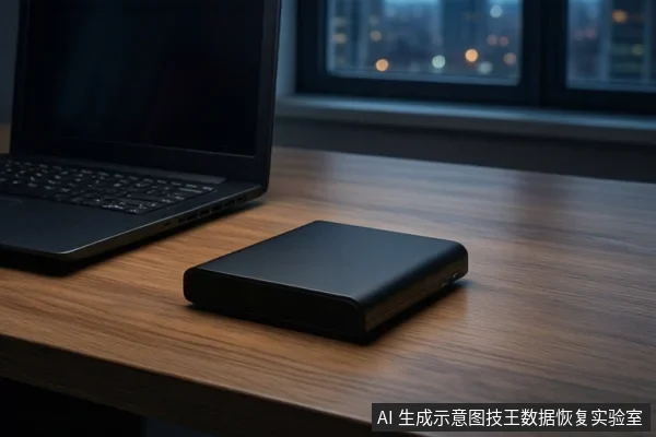 木质桌面上平放一台黑屏笔记本电脑和一个黑色移动硬盘,背景是模糊的城市夜景窗户。画面中没有人员操作。