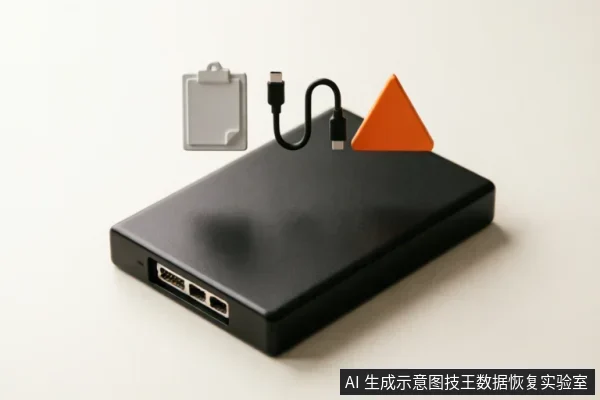 黑色移动硬盘侧面特写，清晰可见SATA数据接口、电源接口及USB接口。上方悬浮着剪贴板、USB数据线和橙色三角形警示图标，象征记录故障信息、排查连接线缆及注意硬件异常状态。