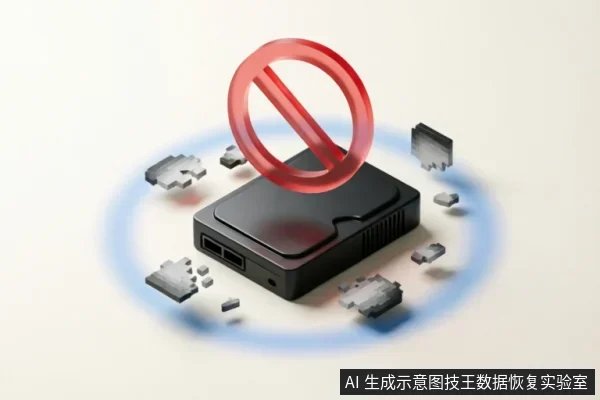 画面展示了一个黑色的移动硬盘,上方悬浮着一个巨大的红色禁止符号。硬盘周围环绕着蓝色的光圈,并散落着若干像素化、正在崩解的碎片,象征着数据损坏或系统故障。