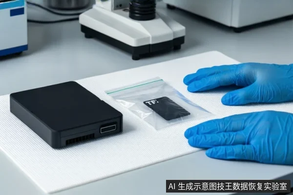 白色防静电垫上平放一个黑色外接硬盘盒,中间透明防静电袋内装有一张黑色TF卡,右侧一双戴蓝色手套的手平放在桌面上。背景可见模糊的显微镜和实验室设备。