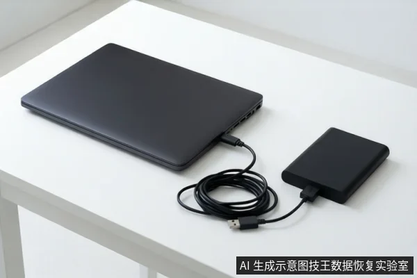 白色桌面上平放一台闭合的黑色笔记本电脑，通过一根盘绕的黑色线缆连接右侧的一个黑色方形存储设备，画面中无人员操作。