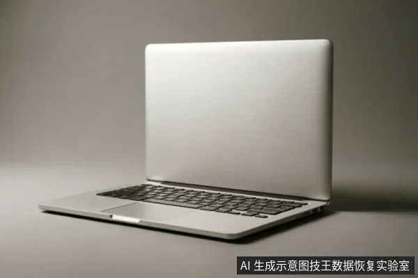 一台银色笔记本电脑呈半开状态放置在纯色背景上,展示了黑色的键盘区域和光滑的金属屏幕背面,无任何文字或数据恢复设备。