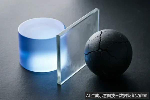 画面展示了三个物体:左侧是一个发着蓝光的圆柱体,中间竖立着一块透明玻璃板,右侧是一个表面布满裂纹的黑色球体。整体构图呈现出一种隔离与受损的抽象概念,无具体硬件细节。