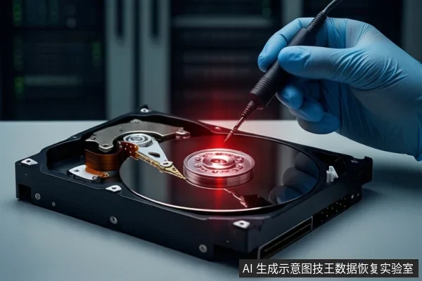 白色桌面上平放一块打开外壳的机械硬盘,盘片中心有红色光效。右侧一只戴蓝色手套的手持黑色细长探针,正接触盘片表面。背景为模糊的服务器机柜。