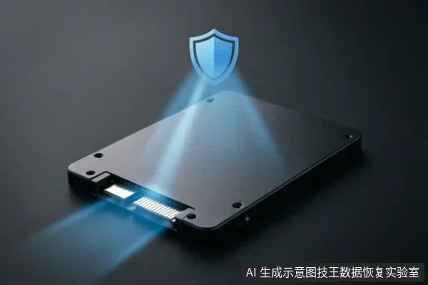 一张黑色固态硬盘斜放在深色背景上,接口处发出蓝色光束,上方悬浮着一个发光的蓝色盾牌图标,象征数据安全防护与只读镜像备份技术。