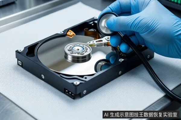 白色防静电工作台上,一只戴蓝色手套的手持听诊器,将听头贴近打开外壳的机械硬盘磁头臂区域,背景为模糊的实验室环境。