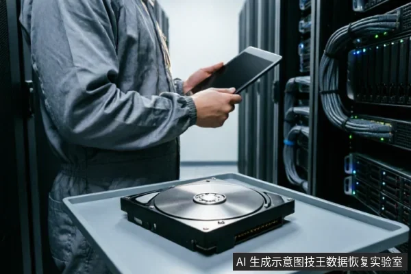 一名身穿灰色防静电服的技术人员站在服务器机柜前,手持平板电脑查看数据。前景托盘上放置着一块裸露机械硬盘,背景可见整齐排列的线缆与亮灯设备,展示了专业数据恢复或硬件检测环境。