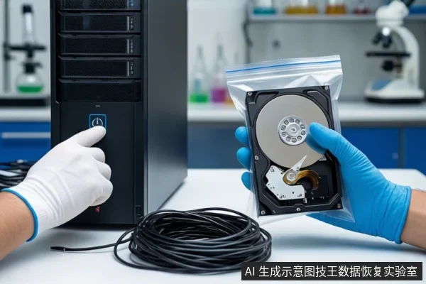 实验室白色桌面上，左侧戴白手套的手正按压黑色塔式主机的电源按钮，右侧戴蓝手套的手持握透明防静电袋，袋内装有一块打开外壳的机械硬盘，前景盘绕着黑色线缆，背景可见显微镜和试剂瓶。