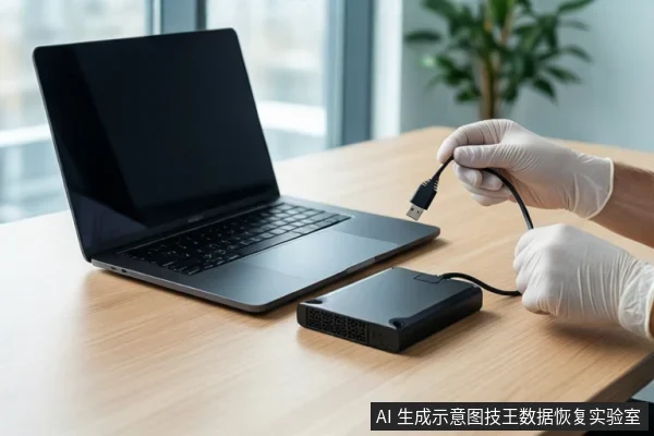 木质桌面上放置一台黑屏的银色笔记本电脑和一个黑色移动硬盘。右侧一双戴白色手套的手正握持一根黑色USB线缆的插头,悬停在桌面上方。背景为模糊的窗户和一盆绿植。
