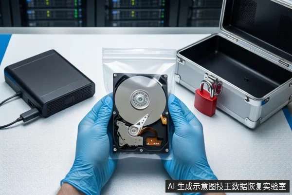 洁净室白色桌面上,戴蓝色手套的双手正持握一个装有打开外壳机械硬盘的透明自封袋,左侧平放一个黑色移动硬盘盒,右侧为挂有红色挂锁的银色金属防震箱,背景可见服务器机柜。