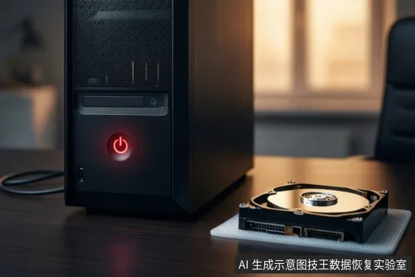 木质桌面上，左侧有一台亮着红色电源按钮的黑色塔式主机，右侧白色垫子上平放一块打开外壳的机械硬盘，背景为模糊的室内环境。