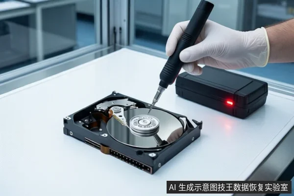 白色桌面上，前景一只戴白手套的手持黑色精密工具接触打开外壳的机械硬盘盘片，右侧放置一个亮红灯的黑色盒子，背景为模糊的实验室环境。