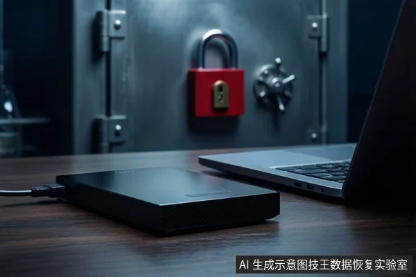 深色木桌上,左侧平放一个黑色外接硬盘盒,通过黑色线缆连接至右侧一台屏幕关闭的银色笔记本电脑。背景为深色金属柜,柜门上挂着一把红色挂锁。