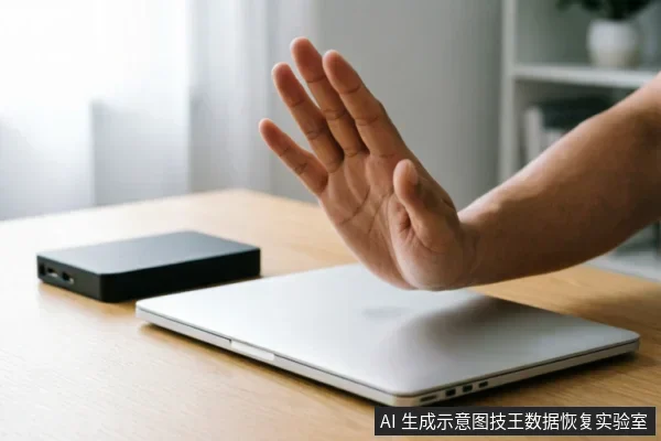 一只手掌在闭合的银色笔记本电脑前做出停止手势，旁边放置着一个黑色外接移动硬盘。画面直观传达在数据异常或硬件故障时立即停止操作、禁止写入以保护原始介质的核心原则。