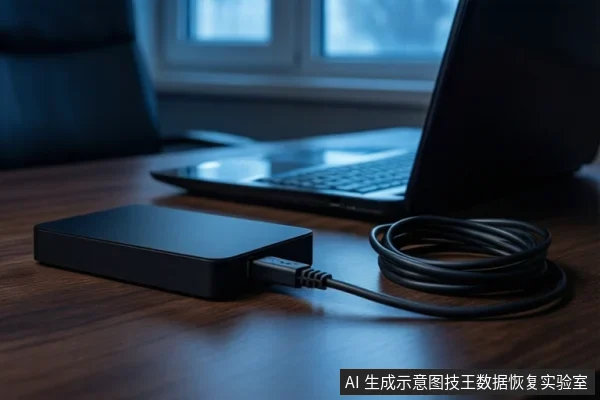 木质桌面上，前景平放一个黑色外接硬盘盒，连接着一根盘绕的黑色USB数据线。背景中有一台打开的笔记本电脑和模糊的窗户。