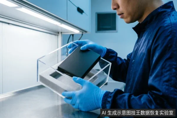 身穿蓝色防静电服、佩戴蓝色手套的专业人员,在洁净工作台前将黑色移动硬盘稳妥放入透明防静电气泡盒中。画面展示了故障设备的专业封装与介质保护流程,体现了避免二次损伤的规范操作。
