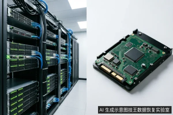 左侧为排列整齐、亮着指示灯的数据中心服务器机柜,右侧为一块裸露的绿色电路板存储模块。图片通过展示宏观数据中心环境与微观硬件组件,示意数据恢复所需的专业环境及涉及的核心存储介质。
