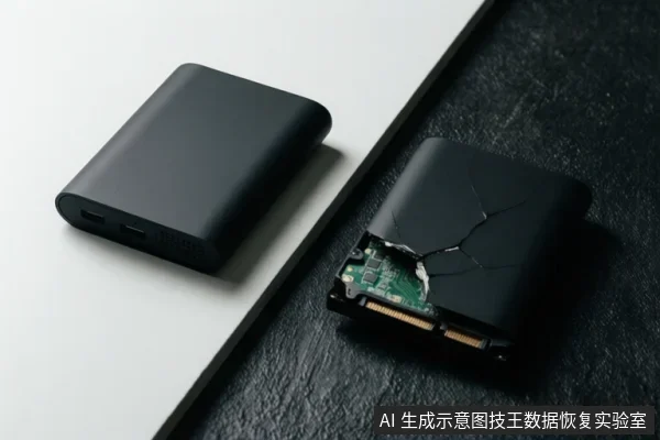 白色与黑色台面上并排放置两个黑色移动固态硬盘,左侧外壳完整,右侧外壳碎裂并露出内部绿色电路板与金手指接口。