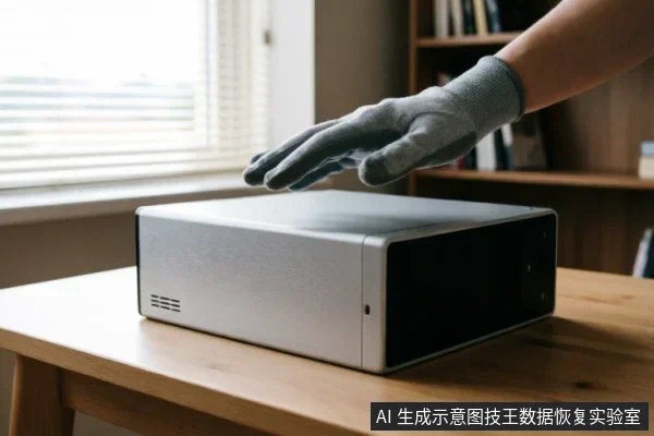 一只戴着灰色防静电手套的手悬停在银色台式电脑机箱上方,背景为木质桌面和书架。画面展示了在接触电脑硬件前佩戴防护装备的场景,暗示了在进行内部硬件检查或数据恢复操作前的安全准备与静电防护步骤。