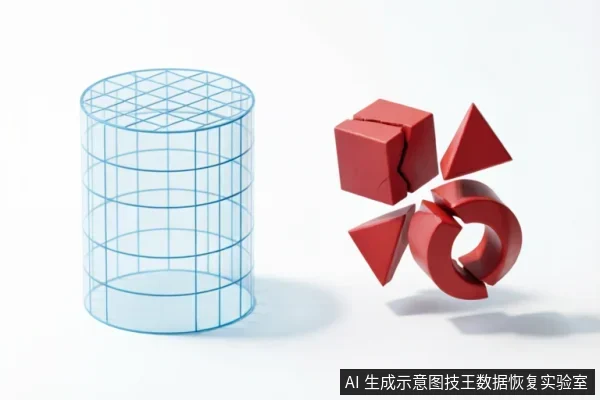 画面左侧为一个蓝色线框圆柱体,右侧悬浮着破碎的红色立方体、三角形及圆环等几何块。整体呈现抽象的解构与分离状态,隐喻数据结构的损坏或存储介质的逻辑故障。