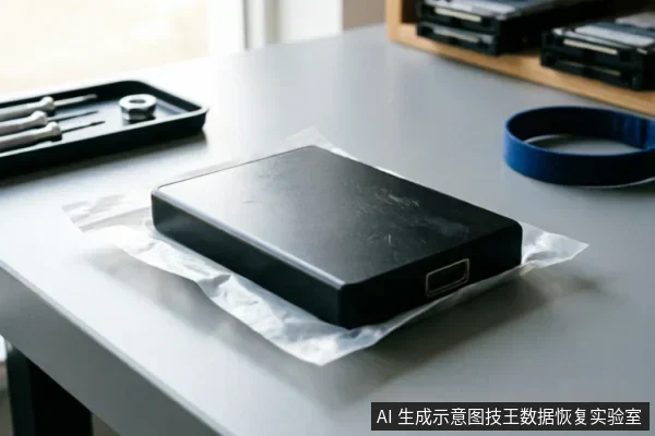 一张黑色硬盘放置在防静电袋上，旁边备有精密螺丝刀托盘和蓝色手环。画面展示了数据恢复前的设备隔离与防护准备场景，强调在专业评估前保护原始介质物理完整性的谨慎操作环境。