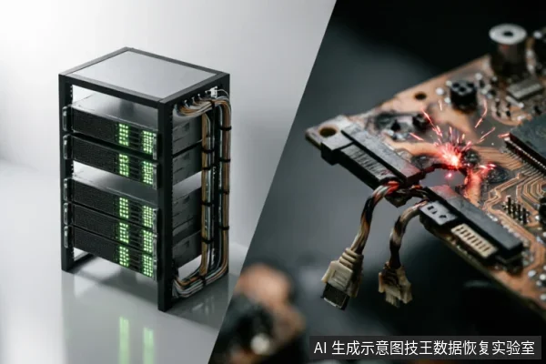 画面采用分割构图,左侧为带有绿色指示灯的服务器硬盘阵列架,代表正常运行的存储设备;右侧特写展示一块电路板接口处发生短路、火花四溅的硬件损坏场景。直观对比了数据存储环境与物理硬件故障状态。