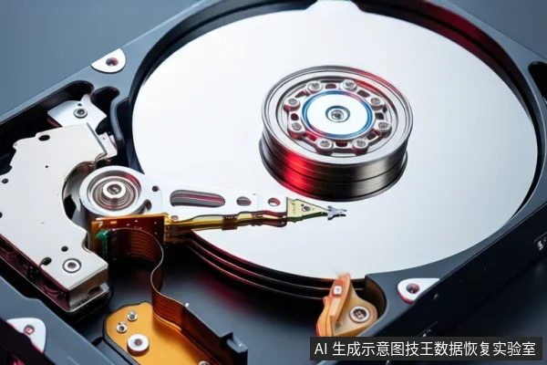 深色背景中平放一块打开外壳的机械硬盘,可见盘片、主轴和磁头臂,盘片上方有红色光效。