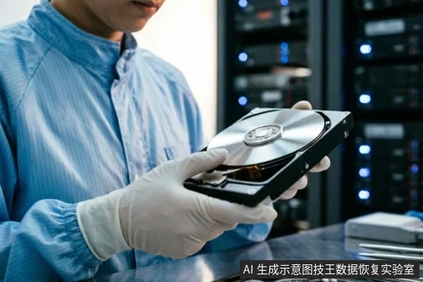 一名身穿蓝色防静电服、佩戴白色手套的技术人员,在服务器机柜背景前手持一块已打开盖板的机械硬盘进行检查。画面展示了精密操作环境,体现了专业数据恢复实验室中对硬件进行物理诊断与隔离保护的场景。