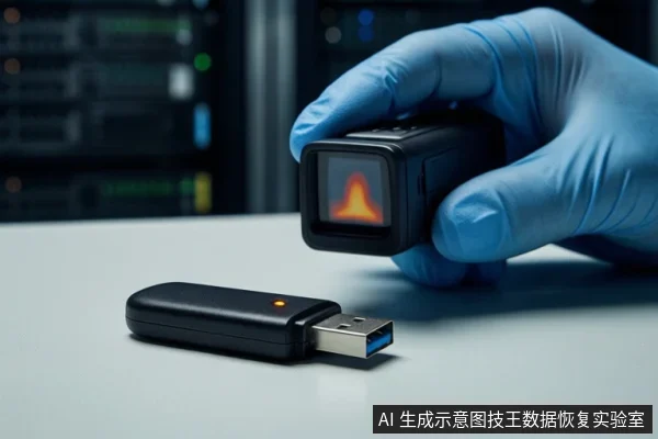 白色桌面上平放一个黑色U盘，右侧一只戴蓝色手套的手持黑色检测仪，仪器屏幕显示橙色火焰状光效，背景为模糊的服务器机柜。