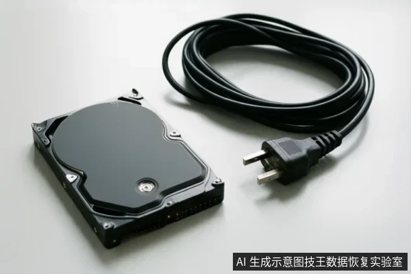 白色桌面上放置着一块黑色的机械硬盘，旁边有一根盘绕的黑色电源线，电源插头为两脚插头。