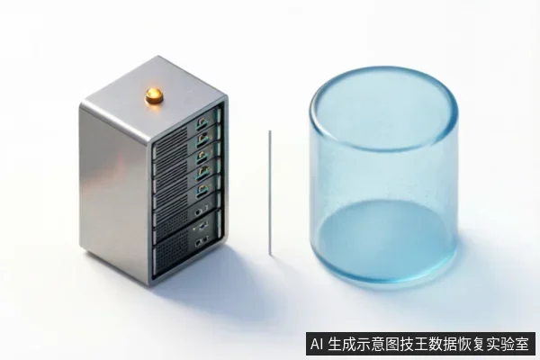 一个银色多盘位硬盘阵列柜与一个半透明蓝色圆柱体并排摆放,中间由一条细线隔开。阵列柜代表物理存储介质,圆柱体象征数据空间或逻辑容器,直观展示硬件设备与数据保护的概念。